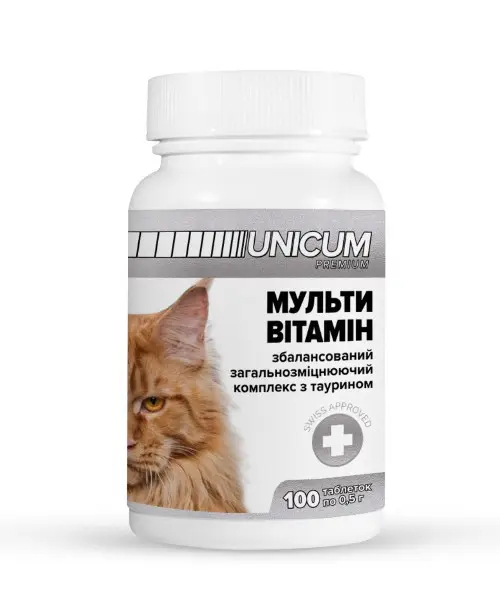 UNICUM premium UN-013 Вітаміни для котів мультивітаміни з тауріном, загальнозміцнюючий комплекс 100 таб.х 0.5 г - зображення 2