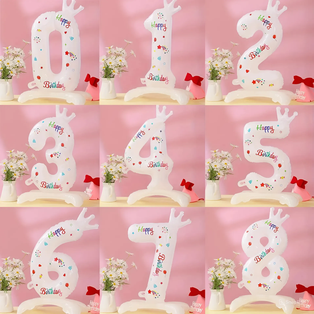 Фольгована Кулька Цифра 9 На Підставці 80см Happy Birthday З Короною Білий - Фото 2 Фольгована Кулька Цифра 9 На Підставці 80см Happy Birthday З Короною Білий - зображення 2
