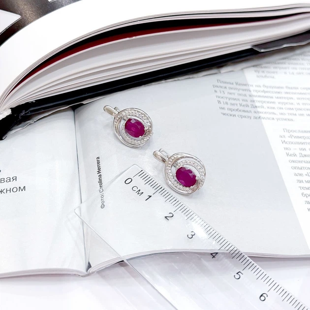 Серебряные серьги с натуральным рубином 4.124ct, фианитами (2165255) - изображение 3