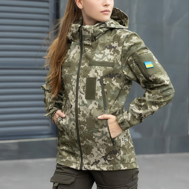 Куртка Женская SoftShell с Velcro панелями + Подарок Шеврон Флаг Украины пиксель размер L - изображение 1