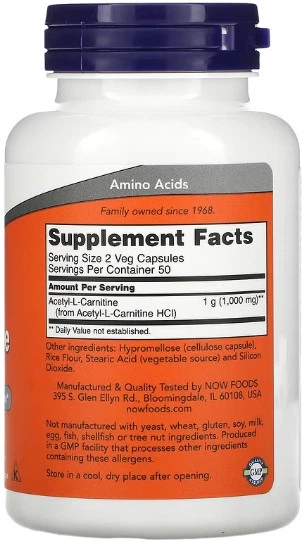 Ацетил-L-карнитин (ALC) NOW Acetyl L-Carnitine 500mg - 100 vcaps - зображення 2