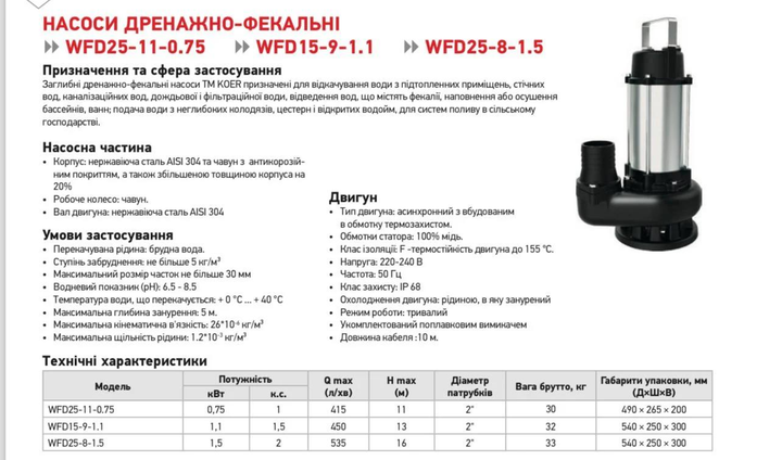 Насос дренажно-фекальний KOER WFD25-11-0.75 Steel - зображення 3