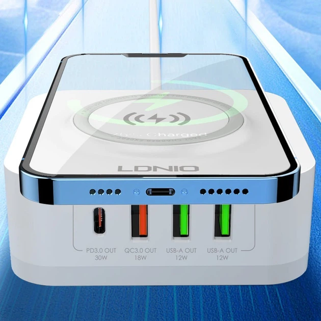 Бездротовий зарядний пристрій Ldnio AW004 3 USB/ Type-C QC PD 32W біле - Фото 2 Бездротовий зарядний пристрій Ldnio AW004 3 USB/ Type-C QC PD 32W біле - зображення 2