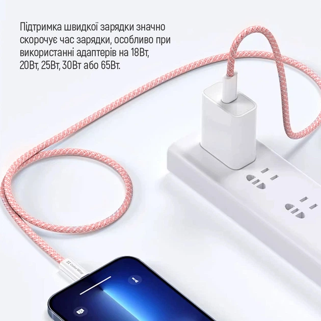 Кабель ColorWay Type-C - Type-C braided cotton PD Fast Charging 60W 3А 1 м Pink (CW-CBPDCC061-P) - Фото 10 Кабель ColorWay Type-C - Type-C braided cotton PD Fast Charging 60W 3А 1 м Pink (CW-CBPDCC061-P) - зображення 10