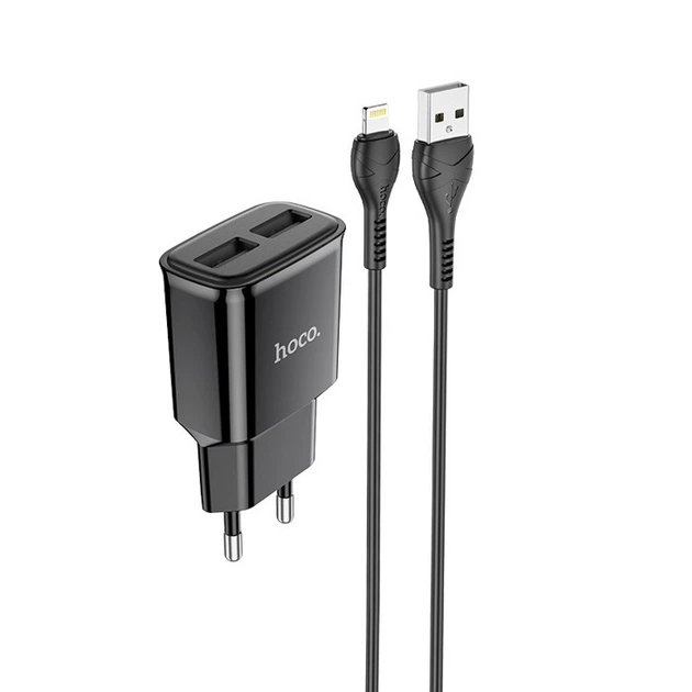 Мережевий зарядний пристрій із швидкою зарядкою Hoco С88А-2USB Блок живлення + кабель iPhone Lightning Black - зображення 6