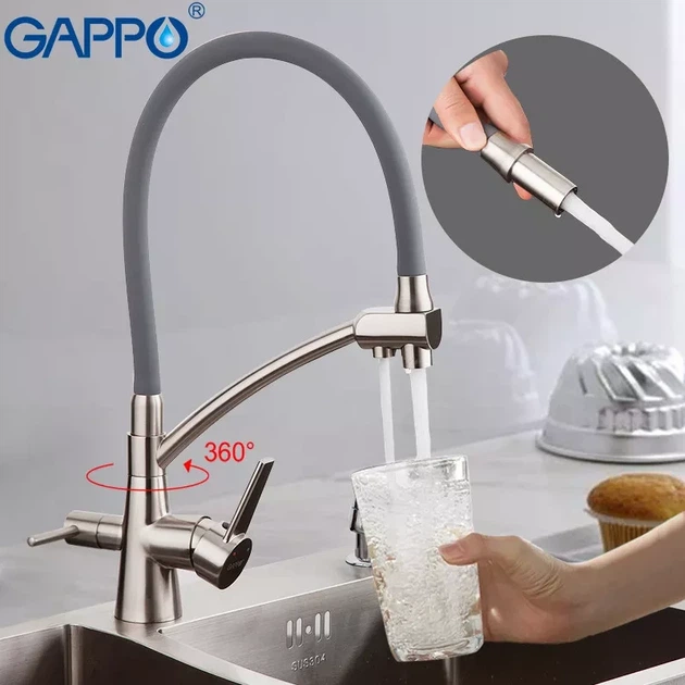 Змішувач для кухні з підключенням до фільтру GAPPO G4398 та гнучким виливом, сірий/сатин - зображення 2