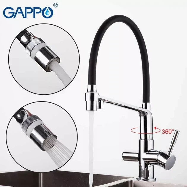 Змішувач для кухні з підключенням до фільтру GAPPO G4398-7 та гнучким виливом, чорний/хром - Фото 2 Змішувач для кухні з підключенням до фільтру GAPPO G4398-7 та гнучким виливом, чорний/хром - зображення 2