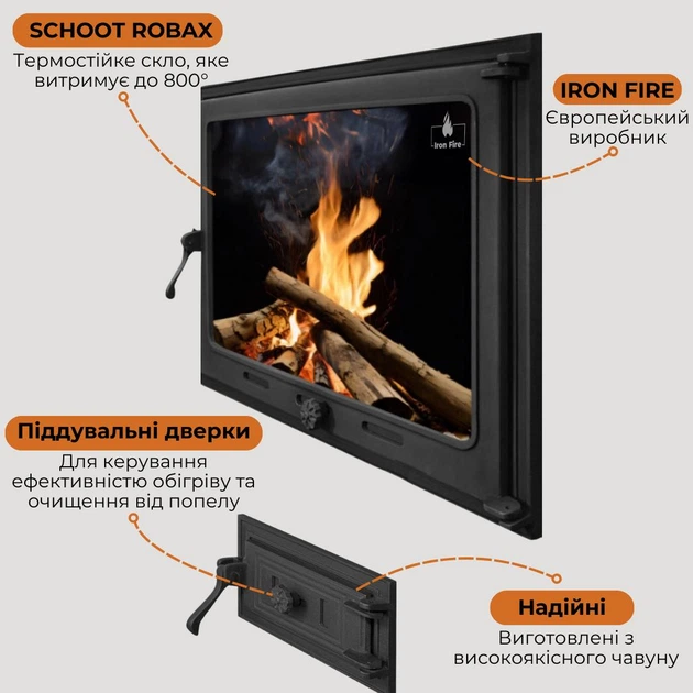 Комплект чугунных дверок Iron Fire Style 75 730х540 мм + поддувательная Style 50 315х165 мм - Фото 4 Комплект чугунных дверок Iron Fire Style 75 730х540 мм + поддувательная Style 50 315х165 мм - изображение 4