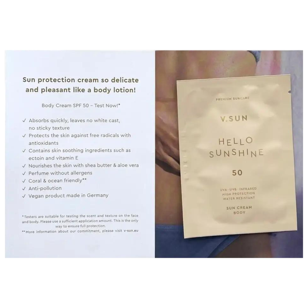 Тестер-сашет V. Sun Sun Cream Body SPF 50 5 мл - Фото 1 Тестер-сашет V. Sun Sun Cream Body SPF 50 5 мл - зображення 1