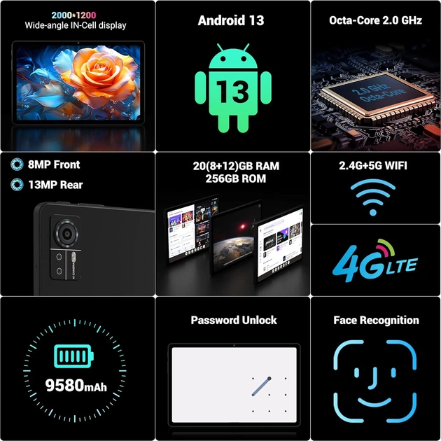 Планшет 11" 2K FASTWD T181 20/256Gb 8 ядер 4G 2-SIM Android 13 9580mAh Черный - изображение 2