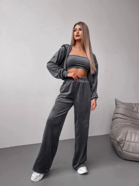 Жіночий велюровий костюм (кофта+штани+топ) Uaclothes 42-44 Графітовий (like36638-170641349) - зображення 2