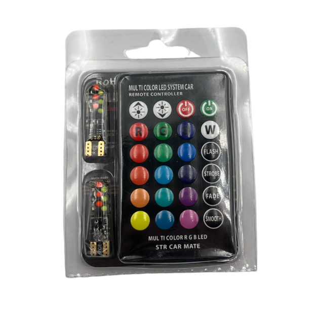 Светодиодные автомобильные лампы габарита T10 W5W RGB Led / 16 цветов + пульт для управления цветами - изображение 3