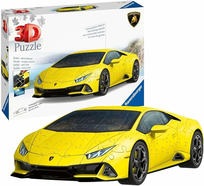 3D Puzzle Ravensburger Pojazdy Lamborghini Huracn Evo Giallo 6.5 x 12.5 x 25 cm 108 elementów (4005556115624) - obraz 1