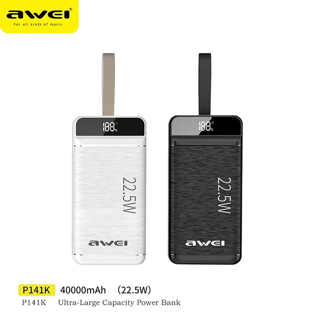 Портативная батарея Power Bank Awei P141K 40000 mAh 22.5W с кабелем Black (P141K) - Фото 3 Портативная батарея Power Bank Awei P141K 40000 mAh 22.5W с кабелем Black (P141K) - изображение 3