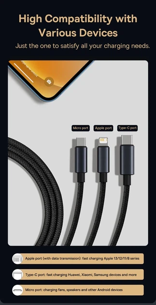 Кабель зарядный Baseus 3-in-1 MicroUSB/Lightning/Type-C Black 1.2 м (CAJY010601) - Фото 4 Кабель зарядный Baseus 3-in-1 MicroUSB/Lightning/Type-C Black 1.2 м (CAJY010601) - изображение 4