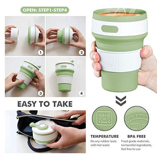 Стакан складной силиконовый Collapsible Coffee Cup чашка 350мл зелёный - изображение 3