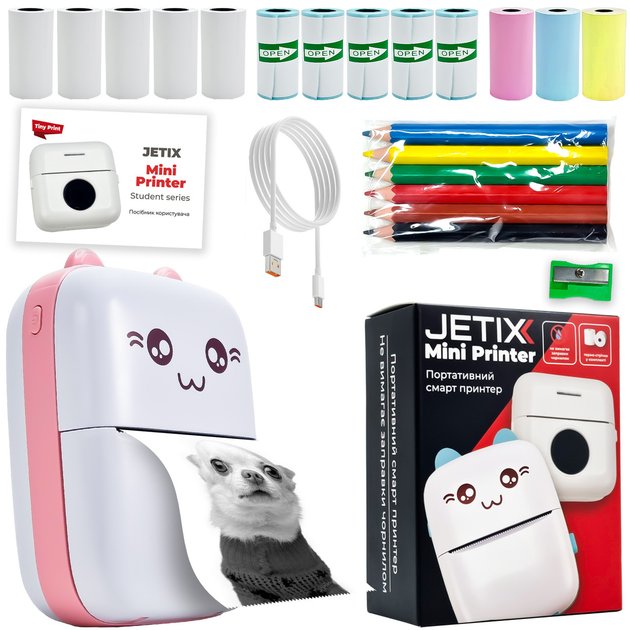 Портативный детский JETIX Mini printer с термопечатью Pink | Bluetooth принтер с набором бумаги и карандашей - изображение 1