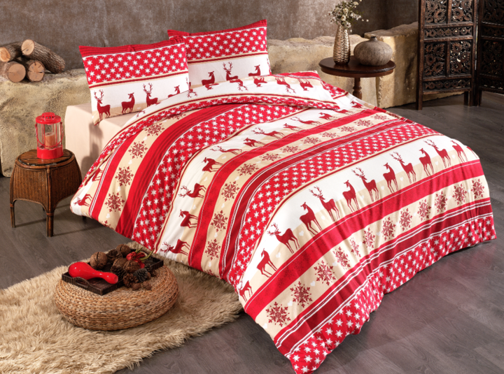 Комплект постільної білизни Kayra Flanel Євро 200×220 см Байка Червоний з оленями - Фото 2 Комплект постільної білизни Kayra Flanel Євро 200×220 см Байка Червоний з оленями - зображення 2