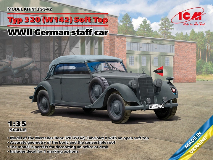 Сборная модель ICM Typ 320 W142 Cabriolet Soft Top, Немецкий штабной автомобиль 2СВ с поднятым тентом 35542 - Фото 2 Сборная модель ICM Typ 320 W142 Cabriolet Soft Top, Немецкий штабной автомобиль 2СВ с поднятым тентом 35542 - изображение 2