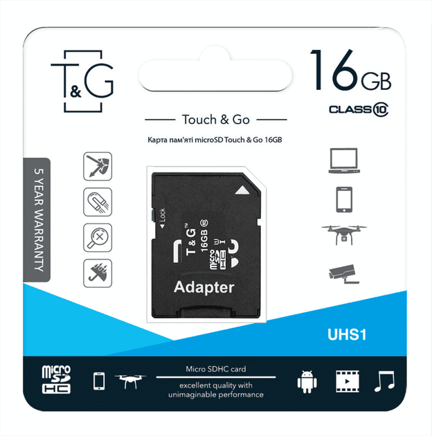 Карта памяти MicroSDHC 16GB UHS-I Class 10 T&G + SD-adapter (TG-16GBSD10U1-01) - изображение 2