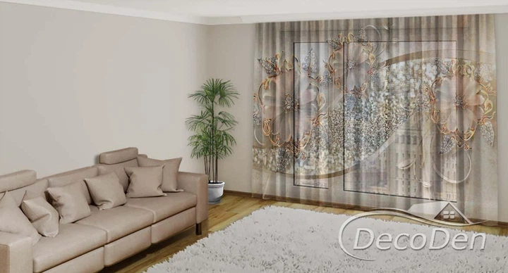 3D - Фото Тюль PHOTODECOR "Золоті квіти та стрази" 1 кв.м - зображення 2
