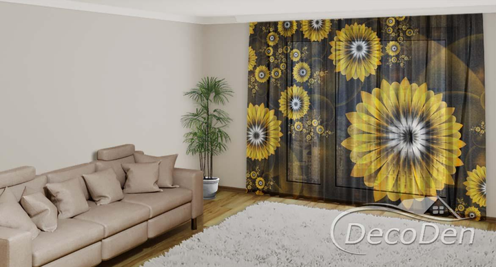 3D - Фото Тюль PHOTODECOR "Жовті квіти на коричневий фон" - зображення 2
