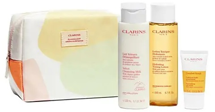 Набір косметики по догляду Clarins Velvet Молочко очищуюче 200 мл + Лосьйон зволожувальний 200 мл + Скраб для тіла Comfort 15 мл + Косметичка (3666057143465) - зображення 1