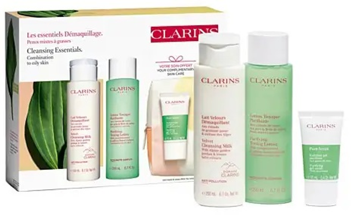 Zestaw kosmetyków do pielęgnacji Clarins Velvet Mleczko oczyszczające 200 ml + Balsam oczyszczający 200 ml + Scrub do ciała 15 ml + Torebka kosmetyczna (3666057143472) - obraz 1