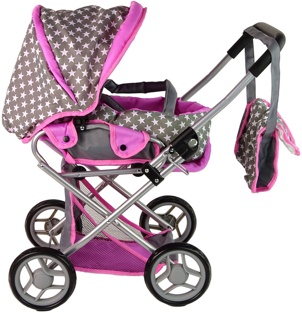 Wózek dla lalek LEAN Toys 2 w 1 Gondola Torba w gwiazdki Szaro-różowy (5905515354332) - obraz 4