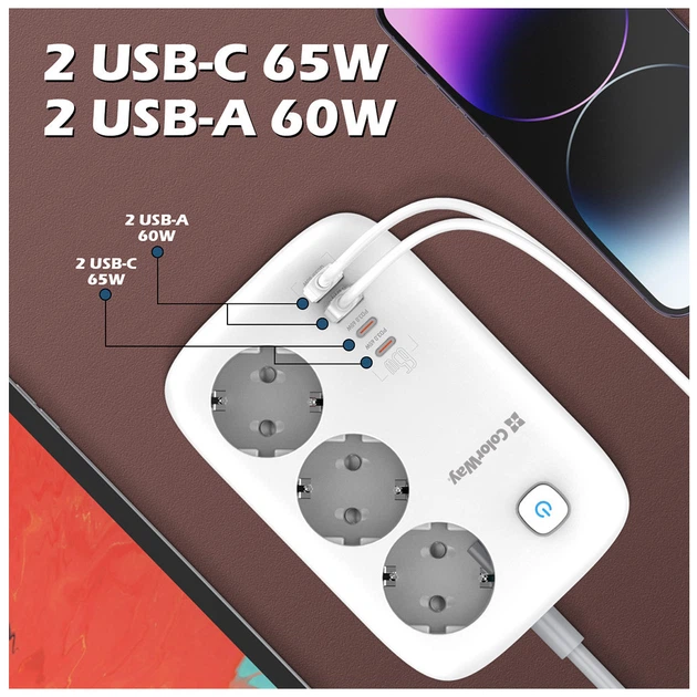 Сетевой фильтр питания ColorWay CW-CHE34PDW 3 розетки/4USB (CW-CHE34PDW) - изображение 10