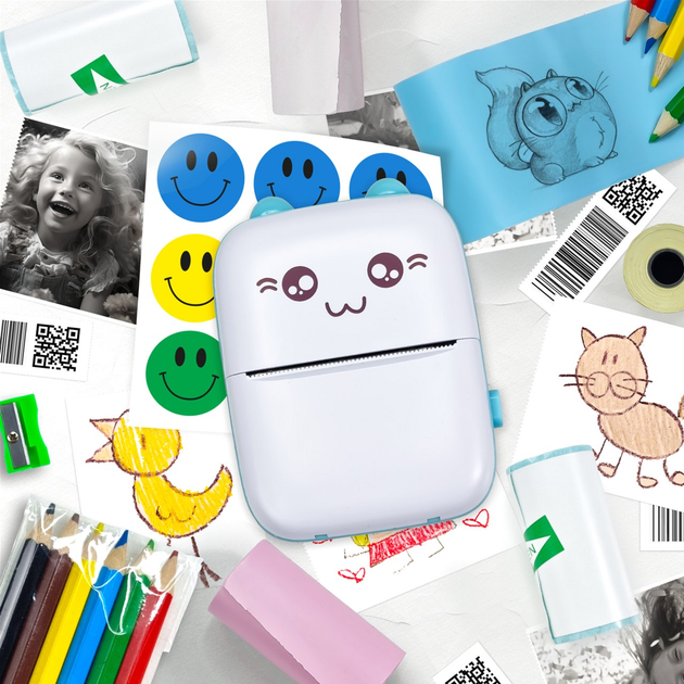 Детский портативный термопринтер Jetix Mini printer Blue с набором карандашей и термобумаги в комплекте (JMP-2-TPC1K) - изображение 5