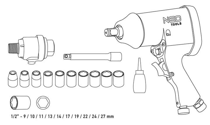 Zestaw klucz udarowy pneumatyczny NEO Tools 1/2" 320 Nm z nasadkami 14-502 (5907558444841) - obraz 7