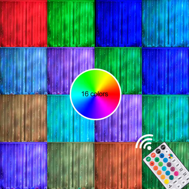 Гирлянда штора роса 3х3 RGB Niki Light роса від юсб роса на пульті завіса 300 LED різнокольорова 16 кольорів - зображення 7