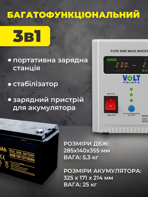 Зарядная станция электростанция портативная для дома квартиры телефона ноутбука котла холодильника бытовых приборов гаджетов с розеткой 220 вольт Volt Polska sinus pro AGM 100 A 1200 втч - изображение 2