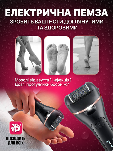 Электрическая пилка электро пемза для пяток и ног электропемза аккумуляторная роликовая шлифовальная машинка аппарат терка с функцией самоочищения и аккумулятором черная (ECR-658B) - изображение 5