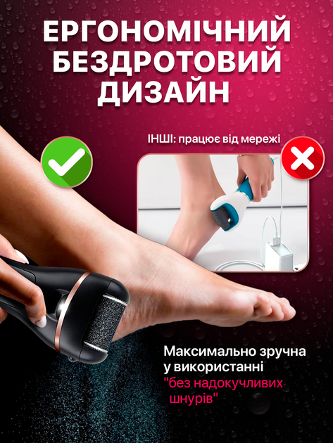 Электрическая пилка электро пемза для пяток и ног электропемза аккумуляторная роликовая шлифовальная машинка аппарат терка с функцией самоочищения и аккумулятором черная (ECR-658B) - изображение 6