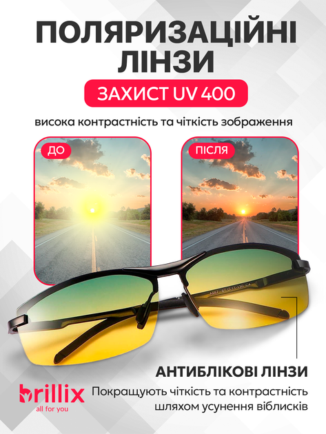 Очки для водителей окуляри для водіїв день ночь антифары антибликовые водителя автомобильные антиблик поляризационные Brillix водительские ночного вождения ночью с надежной оправой и чехлом (BRL-012) - изображение 2