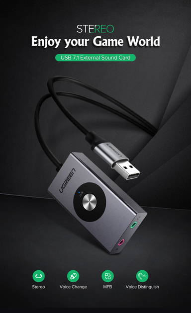 Звуковая карта Ugreen 1м USB - 2x 3.5мм minijack с поддержкой микрофона 16 бит/48 кГц 7.1 Канал Черный - изображение 2