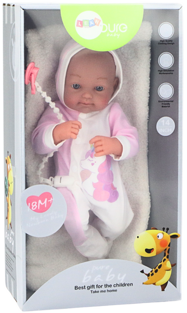 Lalka bobas LEAN Toys w różowo-białym body z motywem jednorożca z kapturem 35 cm (5905991015338) - obraz 3