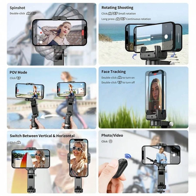 Стабілізатор для телефону з автоматичним відстеженням Gimbal CR Q18 з LED лампою та Bluetooth кнопкою Селфі палка Чорний - Фото 9 Стабілізатор для телефону з автоматичним відстеженням Gimbal CR Q18 з LED лампою та Bluetooth кнопкою Селфі палка Чорний - зображення 9
