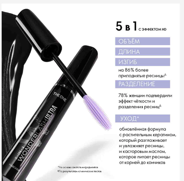 Мультифункциональная тушь для ресниц 5в1 THE ONE Wonder Lash Ultra с эффектом HD 43123 oriflame cosmetics 8ml - изображение 4