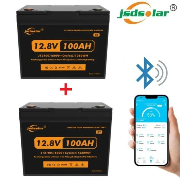 Набор 2 Аккумулятора LiFePo4 (литий железо фосфатный) Jsdsolar J12100 LiFePO4 12V (12,8V) - 100 Ah (1280Wh) (BMS 100A/100A) пластик bluetooth - изображение 1