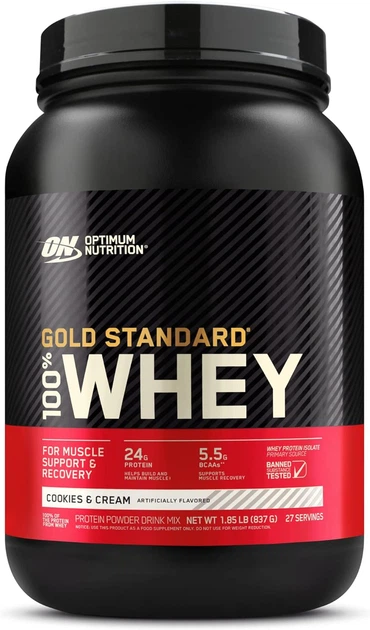 Протеїн Optimum Gold Standard 100% Whey 908 g (Cookies cream) - Фото 1 Протеїн Optimum Gold Standard 100% Whey 908 g (Cookies cream) - зображення 1