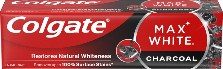 Зубна паста Colgate Max White Charcoal Optic white відбілююча з вугіллям 75 мл (8718951250017) - Фото 1 Зубна паста Colgate Max White Charcoal Optic white відбілююча з вугіллям 75 мл (8718951250017) - изображение 1
