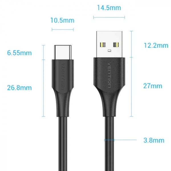 Кабель зарядний Vention USB 2.0 AM - CM 3A 3м Чорний (CTHBI) - Фото 3 Кабель зарядний Vention USB 2.0 AM - CM 3A 3м Чорний (CTHBI) - зображення 3