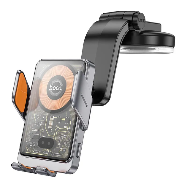 Автотримач для телефона з БЗП HOCO HW8 Transparent Discovery Edition wireless fast charging car holder(center console) Metal Gray (6942007608152) - изображение 5