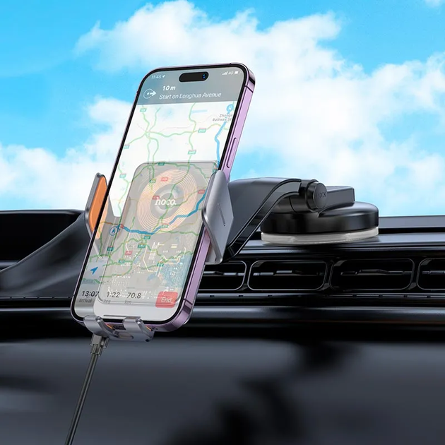 Автотримач для телефона з БЗП HOCO HW8 Transparent Discovery Edition wireless fast charging car holder(center console) Metal Gray (6942007608152) - изображение 8