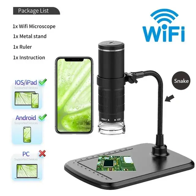 Беспроводной цифровой Wi-Fi HD микроскоп с гибкой подставкой 50X-1000X увеличением для Android iOS (478122-Prob) - изображение 2