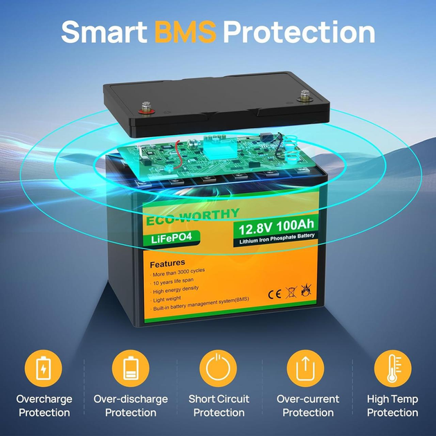 Аккумулятор Eco Worthy LiFePO4 12V 100Ah (1280Wh) с зарядным устройством 20A - изображение 5