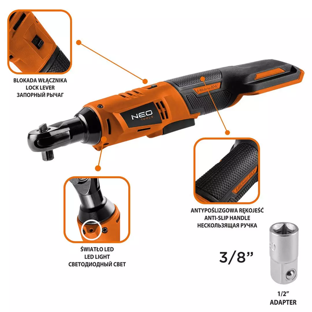 Трещітка акумуляторна NEO Tools Energy+ 18 В 3/8” 04-603 без акумулятора та зарядного пристрою (5907558465525) - зображення 9